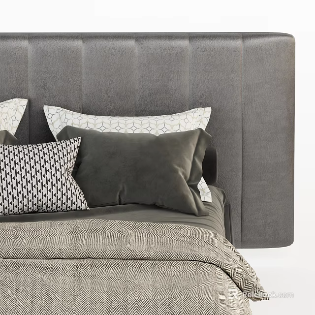 Modern Double Bed With Grey Upholstered Headboard Geometric Pillows And Neutral Bedding 3d model 