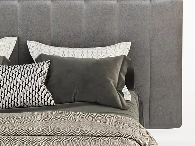 Modern Double Bed With Grey Upholstered Headboard Geometric Pillows And Neutral Bedding 3d model