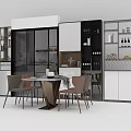 Modern Dining Table Set With Chairs And Open Kitchen Cabinets Wine Rack Area 3d model