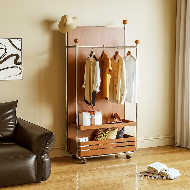 Modern Minimalist Rolling Clothes Rack with Storage Shelves for Coats Shirts in Living Room 3d model 