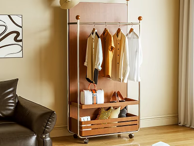Modern Minimalist Rolling Clothes Rack with Storage Shelves for Coats Shirts in Living Room 3d model