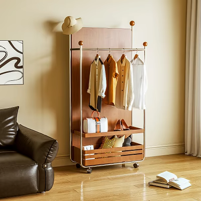 Modern Minimalist Rolling Clothes Rack with Storage Shelves for Coats Shirts in Living Room 3d model