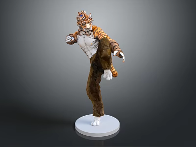 Tiger Headed Warrior Character Statue In Dynamic Standing Pose With White Base 3d model