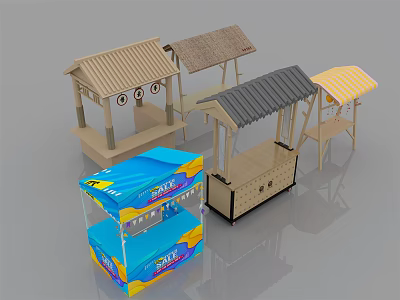Various Outdoor Kiosk Designs With Different Roofs And Blue Sale Display Cabinet 3d model