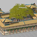 Traditional Chinese Ancient Architecture Multi Layered Pavilion With Green Tiled Roofs Yellow Decorations And Trees