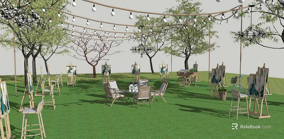 Outdoor Decorative String Lights Hanging Over Lawn With Trees Tables And Chairs 3d model 