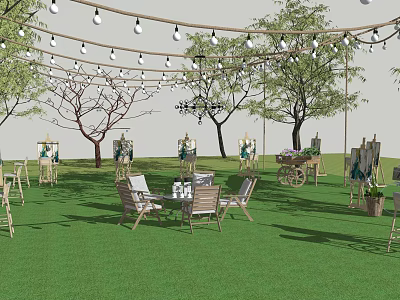 Outdoor Decorative String Lights Hanging Over Lawn With Trees Tables And Chairs 3d model