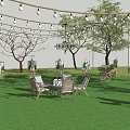 Outdoor Decorative String Lights Hanging Over Lawn With Trees Tables And Chairs