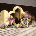 Elegant Floral Installation With Gold Cloud Shaped Decor And Colorful Flowers On Wooden Backdrop