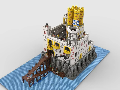 Detailed Building Blocks Castle With Yellow Towers White Walls Drawbridge Minifigures And Water Area 3d model