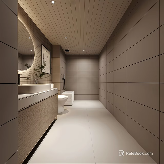 Modern Public Restroom Interior With Tiled Walls Wooden Ceiling And Sink Counter 3d model 