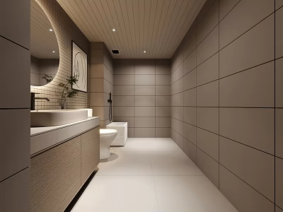 Modern Public Restroom Interior With Tiled Walls Wooden Ceiling And Sink Counter 3d model