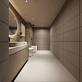 Modern Public Restroom Interior With Tiled Walls Wooden Ceiling And Sink Counter