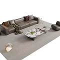 Modern Gray Leather Sofa with Throw Pillows and Marble Coffee Table Set with Accent Chair 3d model