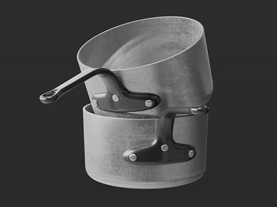 Practical Stacked Metal Cooking Pots With Black Handles For Kitchen Use 3d model