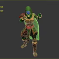 Woman In Green Hooded Cloak And Red Green Outfit With Armor Elements In Combat Stance