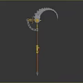 3D Model Decorative Scythe Equipment With Gear Brown Pole And Yellow Ornament