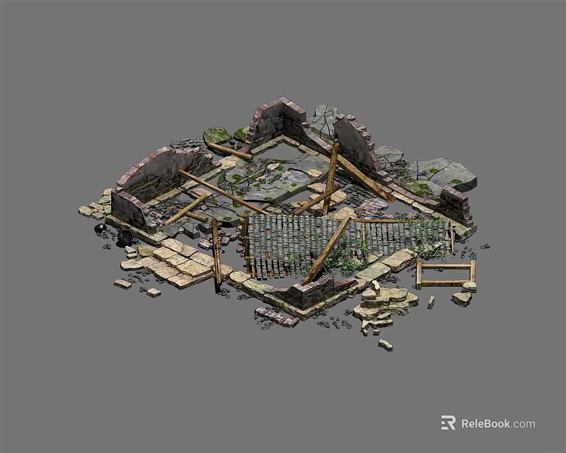 Ancient Building Components With Broken Stone Walls Wooden Frames And Scattered Blocks 3d model 