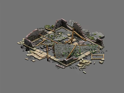 Ancient Building Components With Broken Stone Walls Wooden Frames And Scattered Blocks 3d model