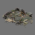 Ancient Building Components With Broken Stone Walls Wooden Frames And Scattered Blocks