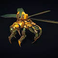Mechanical Dragonfly Creature With Orange Yellow Body Glowing Green Head Mechanical Wings And Claws