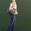 Woman in Light Green Top and Blue Jeans Carrying Gray Bag Back View