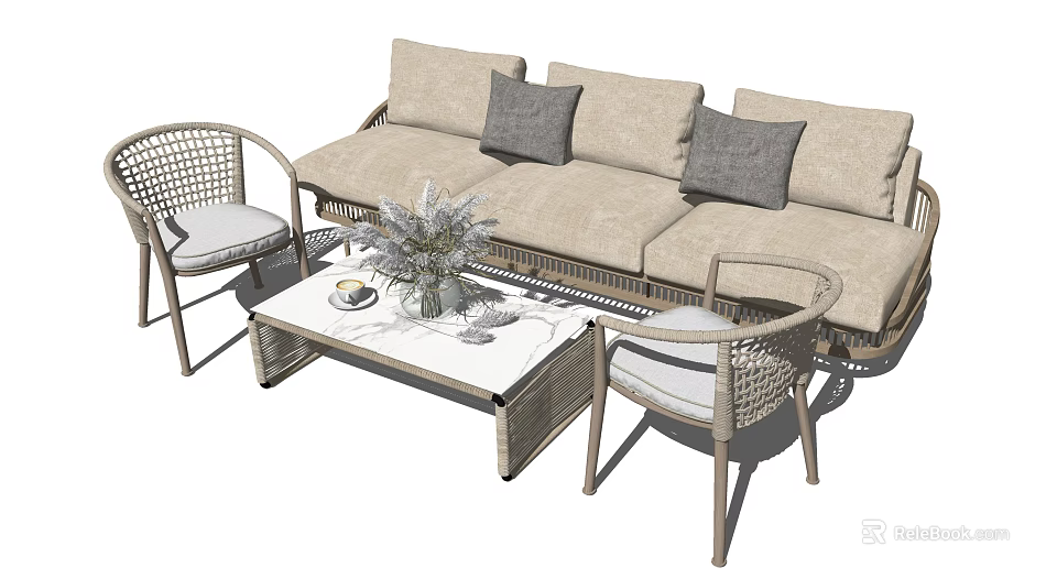 Outdoor Wicker Sofa Set With Gray Cushions Matching Chairs And Coffee Table 3d model 