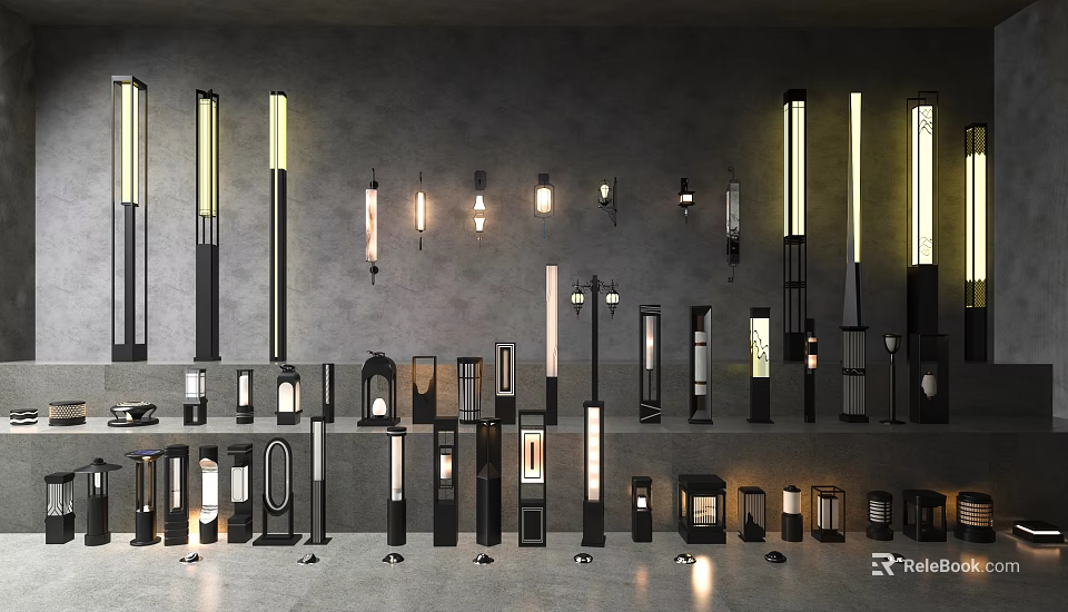 Modern Garden Landscape With Various Outdoor Lighting Fixtures Illuminated On Walls And Ground 3d model 