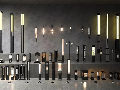 Modern Garden Landscape With Various Outdoor Lighting Fixtures Illuminated On Walls And Ground 3d model