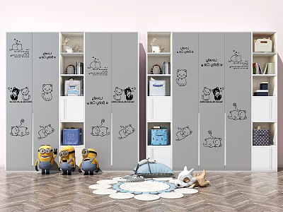 Gray and White Children's Wardrobe with Minion Stickers Storage Shelves and Toys in Kids Room 3d model
