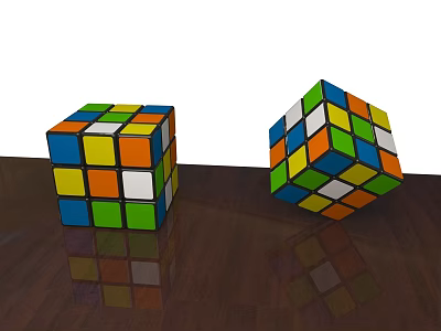 Two Colorful Rubik's Cubes Standing And Tilted On Wooden Table Surface 3d model