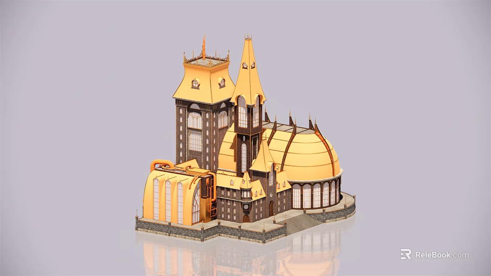 Hotel Building With Yellow Brown Exterior Spires Domes And Arched Windows Design 3d model 