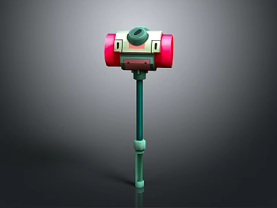 3D Rendered Hammer Shaped Weapon With Red Cylindrical Parts Green Knob And White Ring Handle 3d model