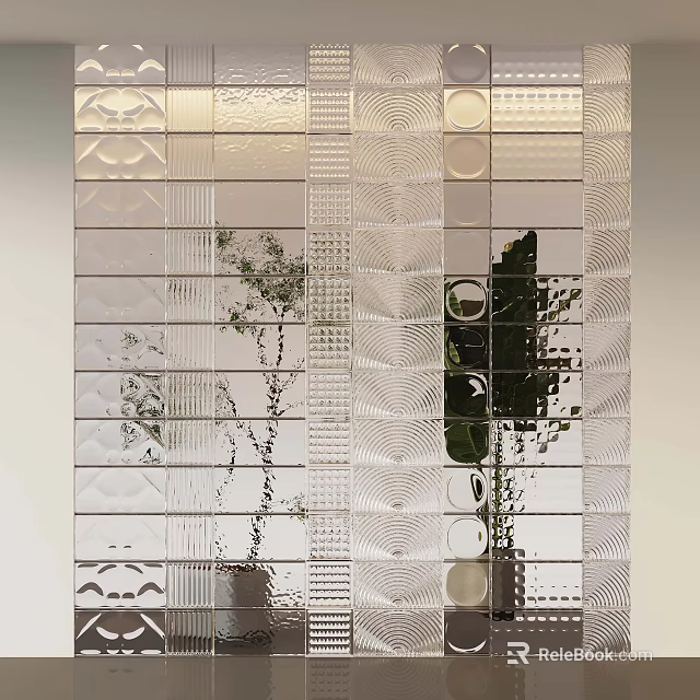 Textured Glass Brick Wall With Geometric Patterns And Green Plant Reflection 3d model 