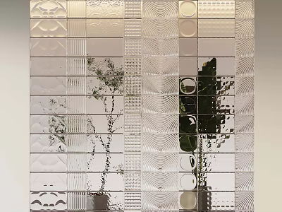 Textured Glass Brick Wall With Geometric Patterns And Green Plant Reflection 3d model