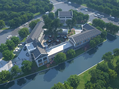 Aerial View Planning Of Traditional Style Buildings With Waterfront Greenery And Roads 3d model