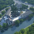 Aerial View Planning Of Traditional Style Buildings With Waterfront Greenery And Roads