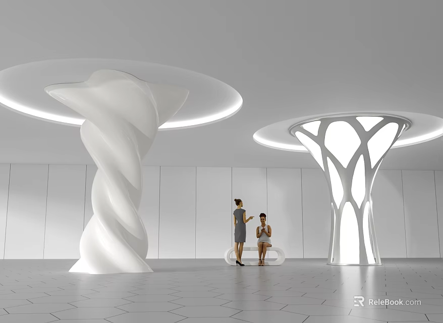 White Twisted Illuminated Columns In Modern Interior With Geometric Floor And Circular Lights 3d model 
