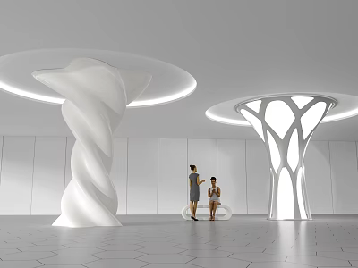 White Twisted Illuminated Columns In Modern Interior With Geometric Floor And Circular Lights 3d model