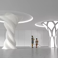 White Twisted Illuminated Columns In Modern Interior With Geometric Floor And Circular Lights