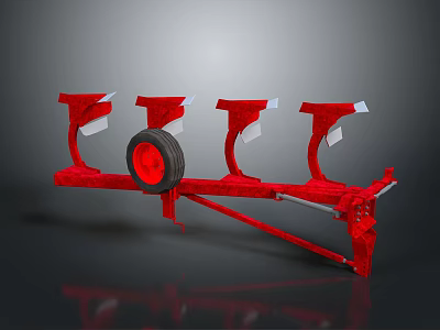 Red Industrial Agricultural Plow With Multiple Plowshares And Central Wheel 3d model