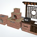 Outdoor Brick Kitchen Setup With Oven Stove Cabinets And Lattice Structure 3d model