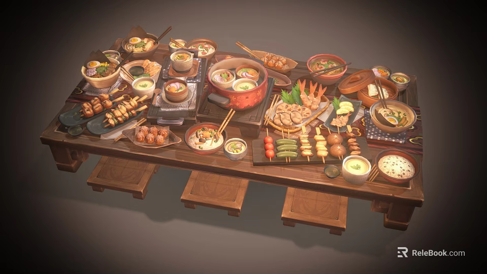 Assorted Delicious Foods On Wooden Table With Soup Skewers Meatballs And Vegetables 3d model 