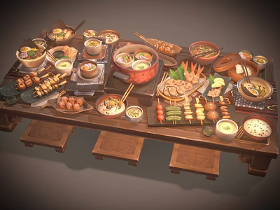 Assorted Delicious Foods On Wooden Table With Soup Skewers Meatballs And Vegetables 3d model