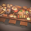 Assorted Delicious Foods On Wooden Table With Soup Skewers Meatballs And Vegetables