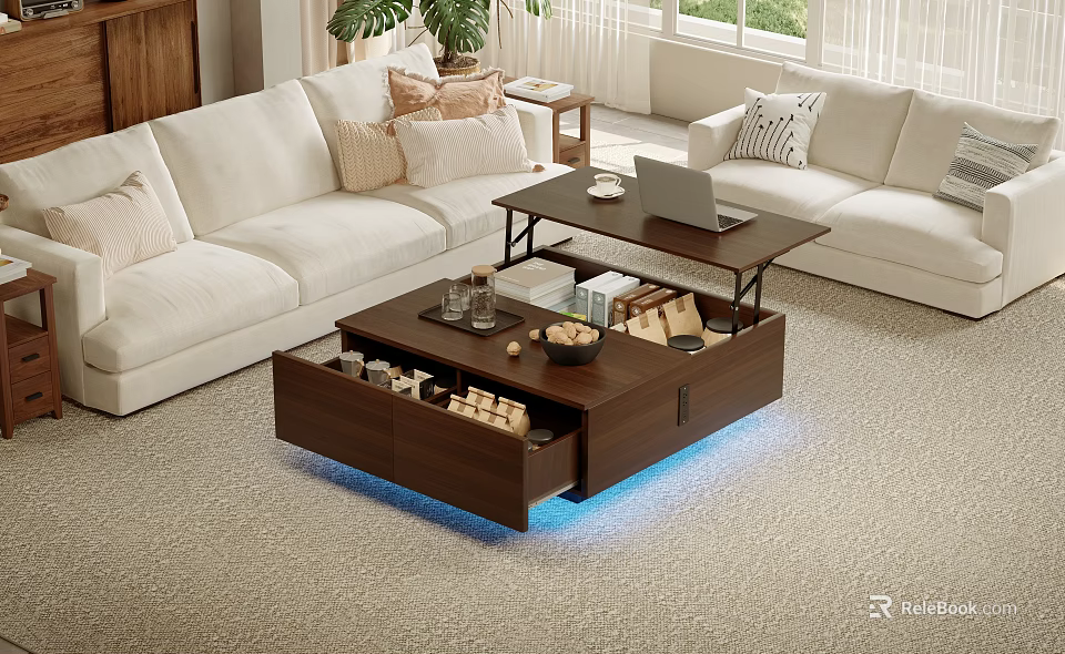 Dark Wooden Coffee Table With Open Drawers Storage Items And Blue LED Lighting 3d model 