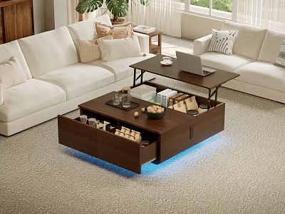 Dark Wooden Coffee Table With Open Drawers Storage Items And Blue LED Lighting 3d model