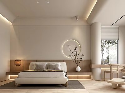 Modern Hotel Room Interior with Comfortable Bed Circular Decorative Light and Wooden Elements 3d model