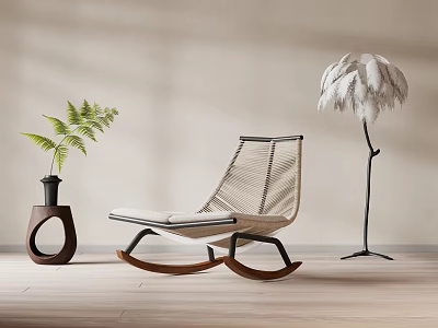 Modern Woven Wooden Rocking Chair With Feather Floor Lamp And Green Plant In Beige Room 3d model