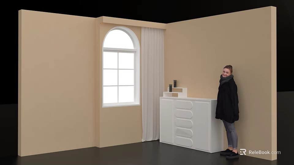 Person In Black Coat Standing By White Cabinet With Arched Window And Beige Walls 3d model 